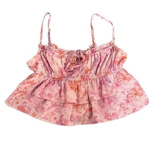 Floral Tiered Y2K Crop Tank Top Womens XS Butterfly Ruffle Fairy Coquette Tie